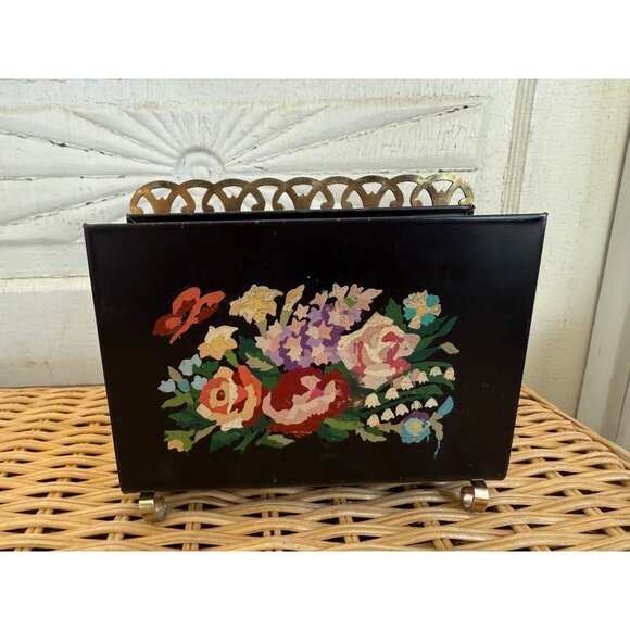 Vintage 50's Black Metal Floral Hand Painted Toleware Napkin/Letter Holder - Picture 1 of 7